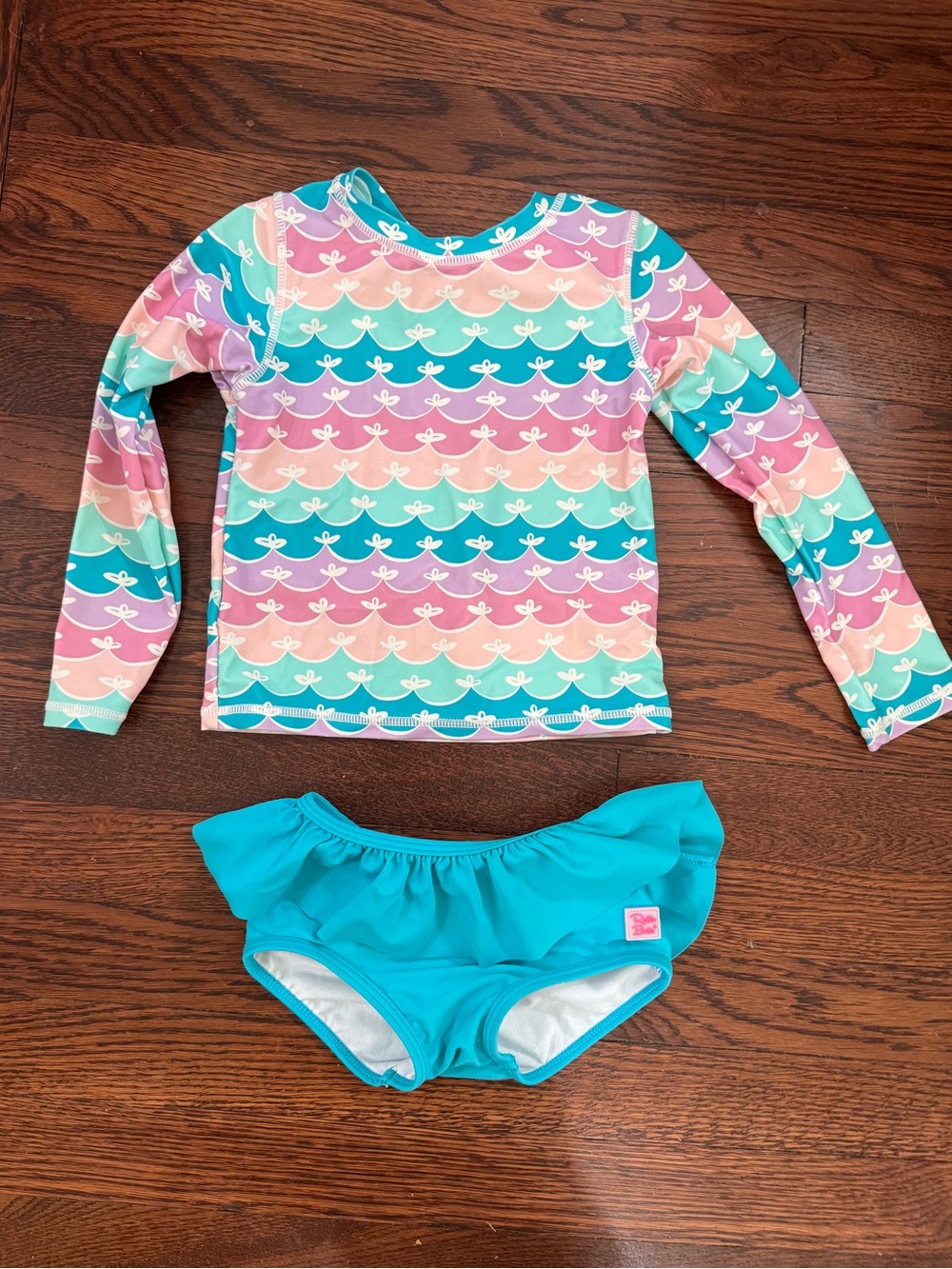 Girls' Long-Sleeve Rash Guard Swimsuit Ruffle Butts Mermaid Teal Multicolor 4T